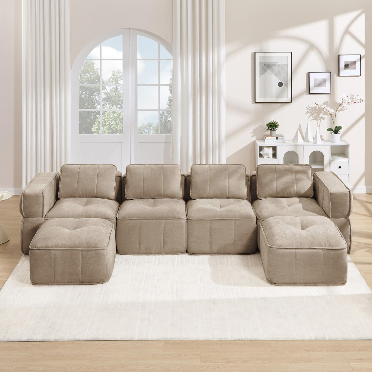 CANAPEA 4 LOCURI cu 2 taburete, minimalist, Poliester-nisipiu - nisipiu, material textil (162/67/344cm) - KOMHTOM