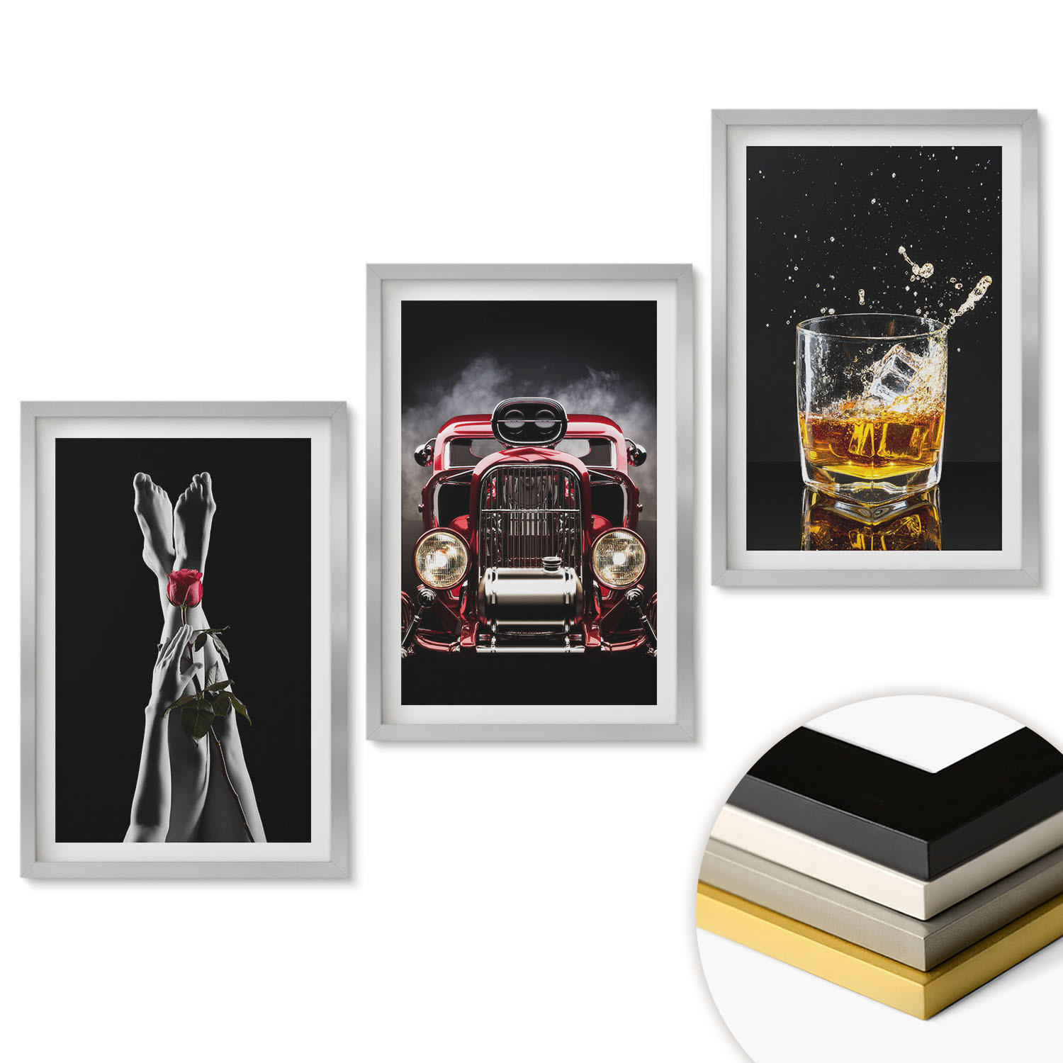 WANDBILDER 3er Set - 40x60 cm Silberner Rahmen - Frauenbeine Rosenauto Whisky - Silberfarben, Kunststoff (40/60cm) - ArtPrintCave