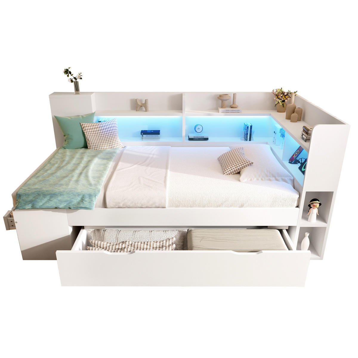 POLSTERBETT 90x190 cm in Weiß mit LED & USB-C Ladestation - Weiß, Holzwerkstoff (90/190cm) - Modfu