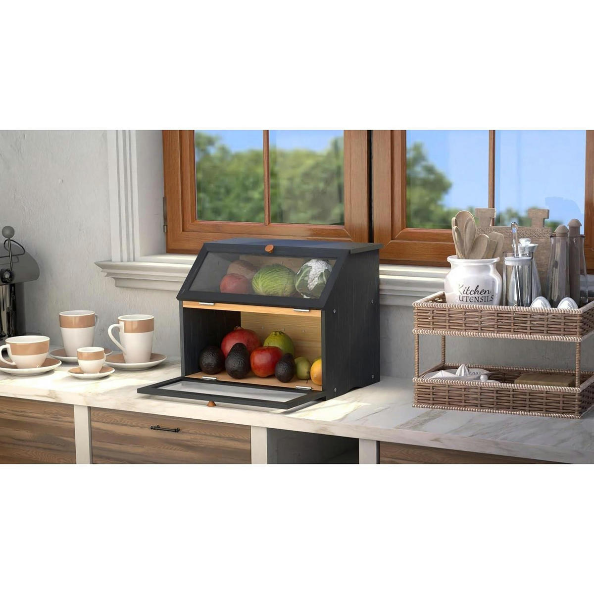BROTKASTEN 2 Etagen Bambus Schwarz 39 cm - Schwarz, Naturmaterialien (25/32/39cm)
