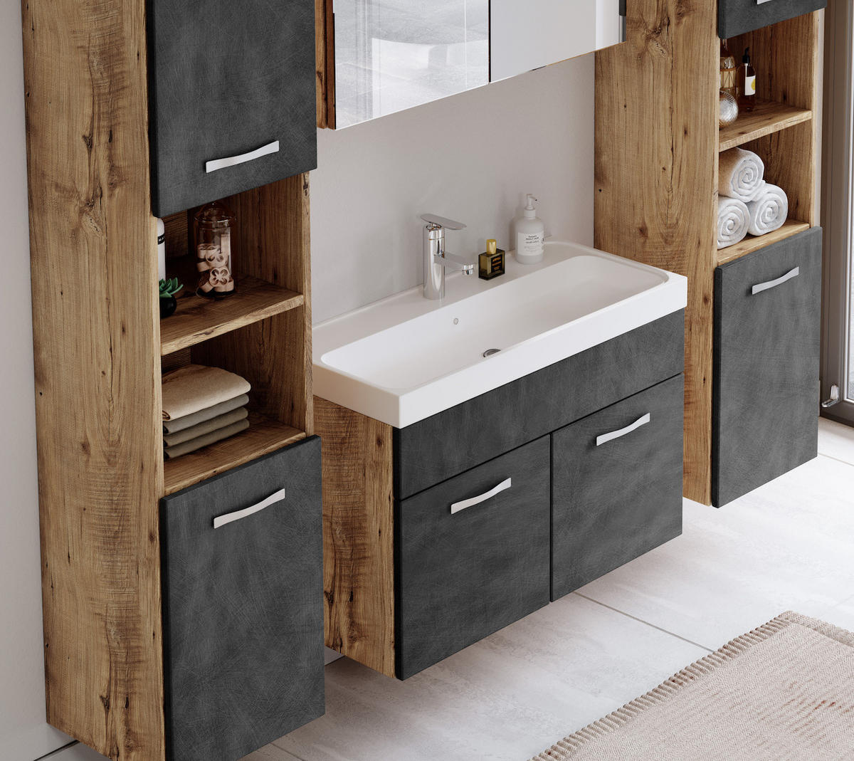 BADMÖBEL-SET Paso LED 5 Teile Kastanien Eiche / Grau - 80 x 35 x 55 cm - Eichefarben/Grau, Holz (80/55/40cm) - Badplaats