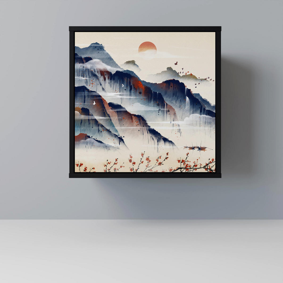 SIDEBOARD JAPANESE LANDSCAPE, Schwarz, 57,5x42x75,5 cm, Goldfarbene Metallfüße - Goldfarben/Multicolor, Holzwerkstoff/Metall (57.5/75.5/42cm) - SpaceRebels