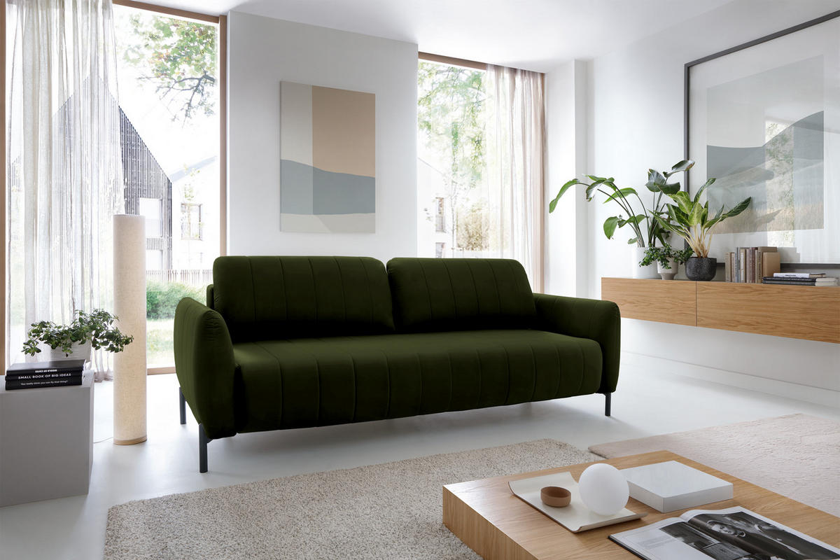 SCHLAFSOFA Neva Olivgrün Velours 234 cm - Schwarz/Olivgrün, Textil/Metall (234/90/100cm) - Selsey