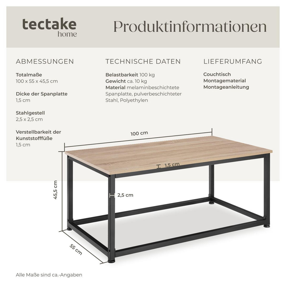 COUCHTISCH Lynch,100 x 55 x 45,5 cm,Industrial Holz hell, Eiche Sonoma - Naturfarben, Holzwerkstoff (100/55/45.5cm) - tectake