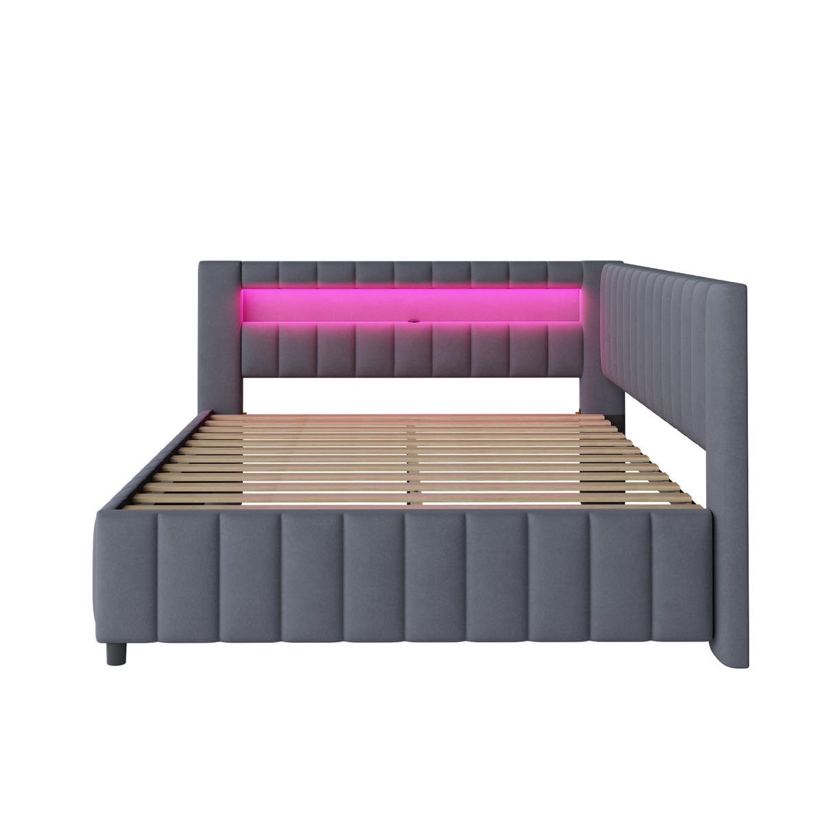 POLSTERBETT 140/200 cm grau aus Samtstoff mit LED-Licht und USB-Anschluss - Grau, Textil (140/200cm) - OKMYHOME