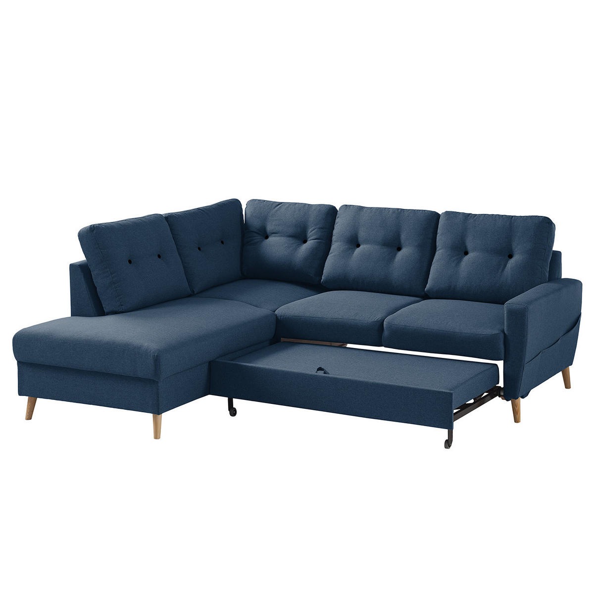 ECKSOFA mit Ottomane - Webstoff - Hellbraun/Blau, Holz/Textil (230/200cm) - home24