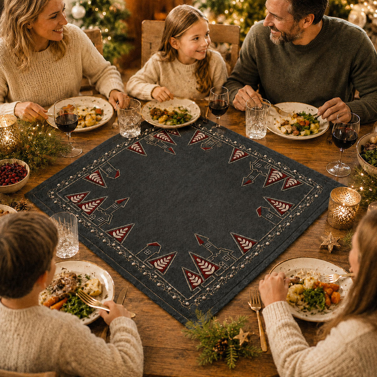 TISCHDECKE Weihnachten 85x85 cm Kirche - Rot/Grau, Textil (85/85cm) - TiborTex