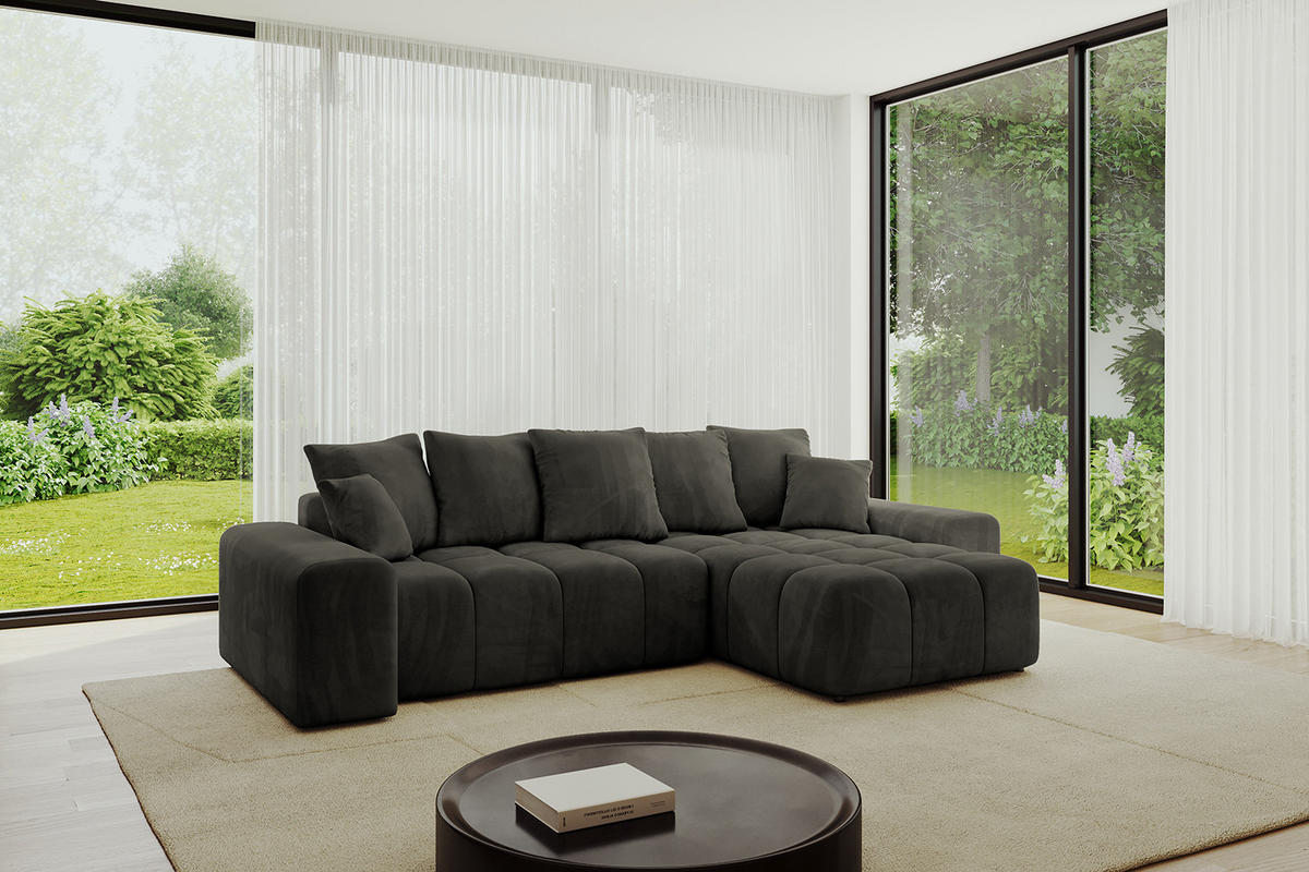ECKSOFA Ottomane rechts ENIL-L 297x189x68 Schwarz Velours - Schwarz, Holzwerkstoff/Kunststoff (189/297cm) - ALTDECOR
