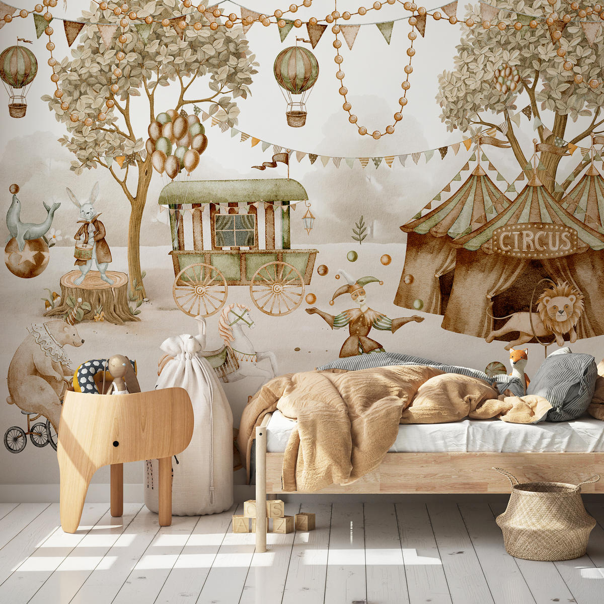 FOTOTAPETE für Kinderzimmer Zirkus Zelt Tiere Ballons Aquarell Bäume 350x256 - Ecru/Beige, Papier (350/256cm) - Muralo