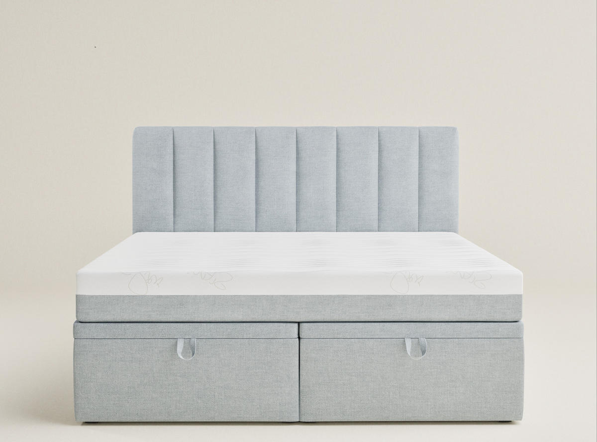 BOXBETT 140/200 cm Lovage M, in Hellblau, Matratze, gepolstertes Kopfteil, Bettkasten, H3 = fest - Schwarz/Hellblau, Holz/Holzwerkstoff (140/200cm) - Maison de Reve
