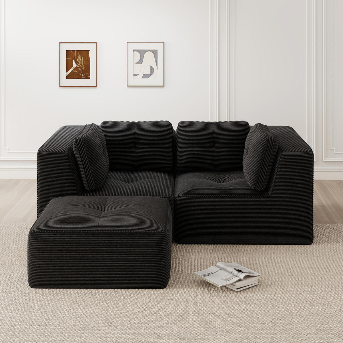 ECKSOFA 208/177/69 cm schwarz aus Cord mit modularem Design und beweglichem Hocker - Schwarz, Textil (177/208cm) - OKWISH