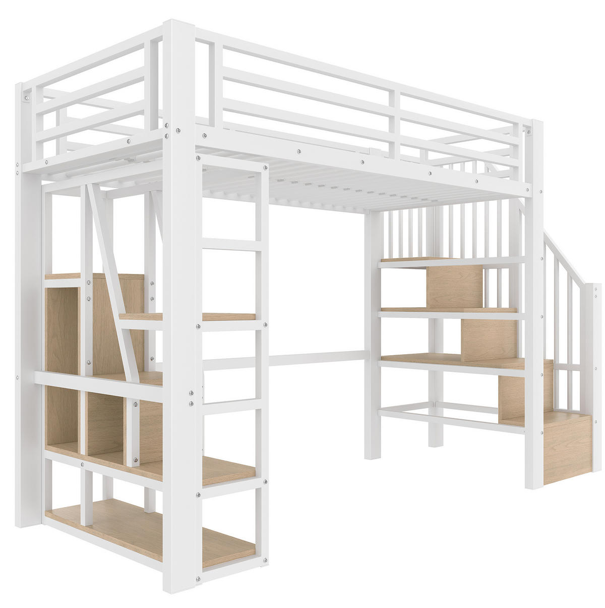 HOCHBETT 90/200 cm mit LED-Lichtleiste, Stauraumtreppe, Schutzgeländer und offenem Regaldesign, Weiß - Weiß, Holzwerkstoff (90/200cm) - Redom