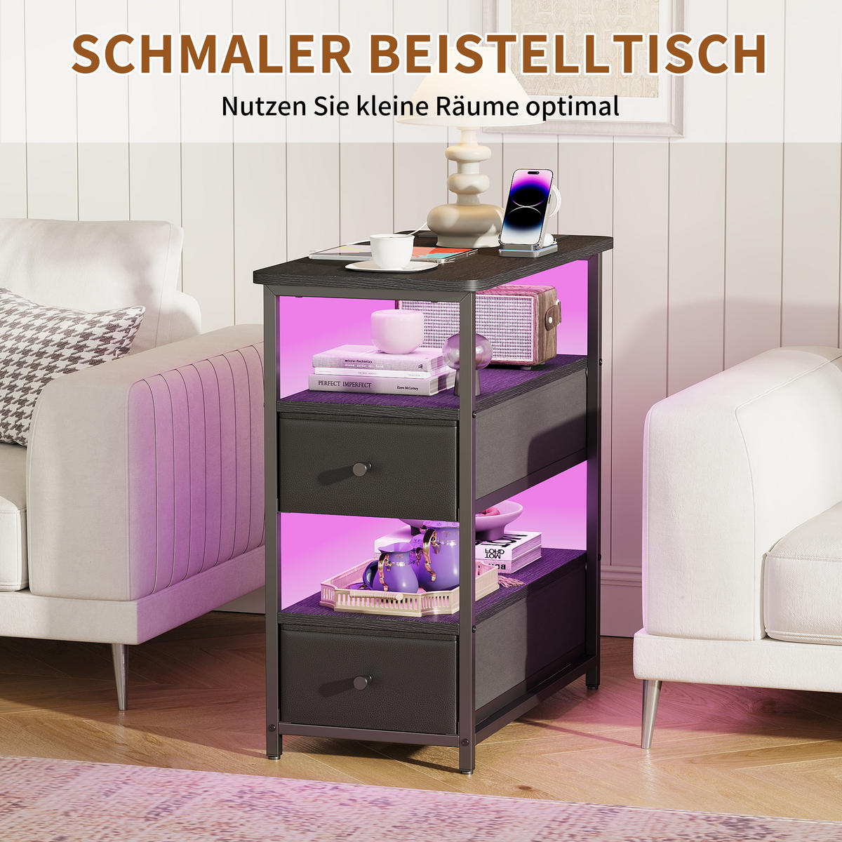 NACHTTISCH LED USB 2 Schubladen 2 Fächer schwarz - Schwarz, Holz (58/28/60.5cm) - LEBENLANG