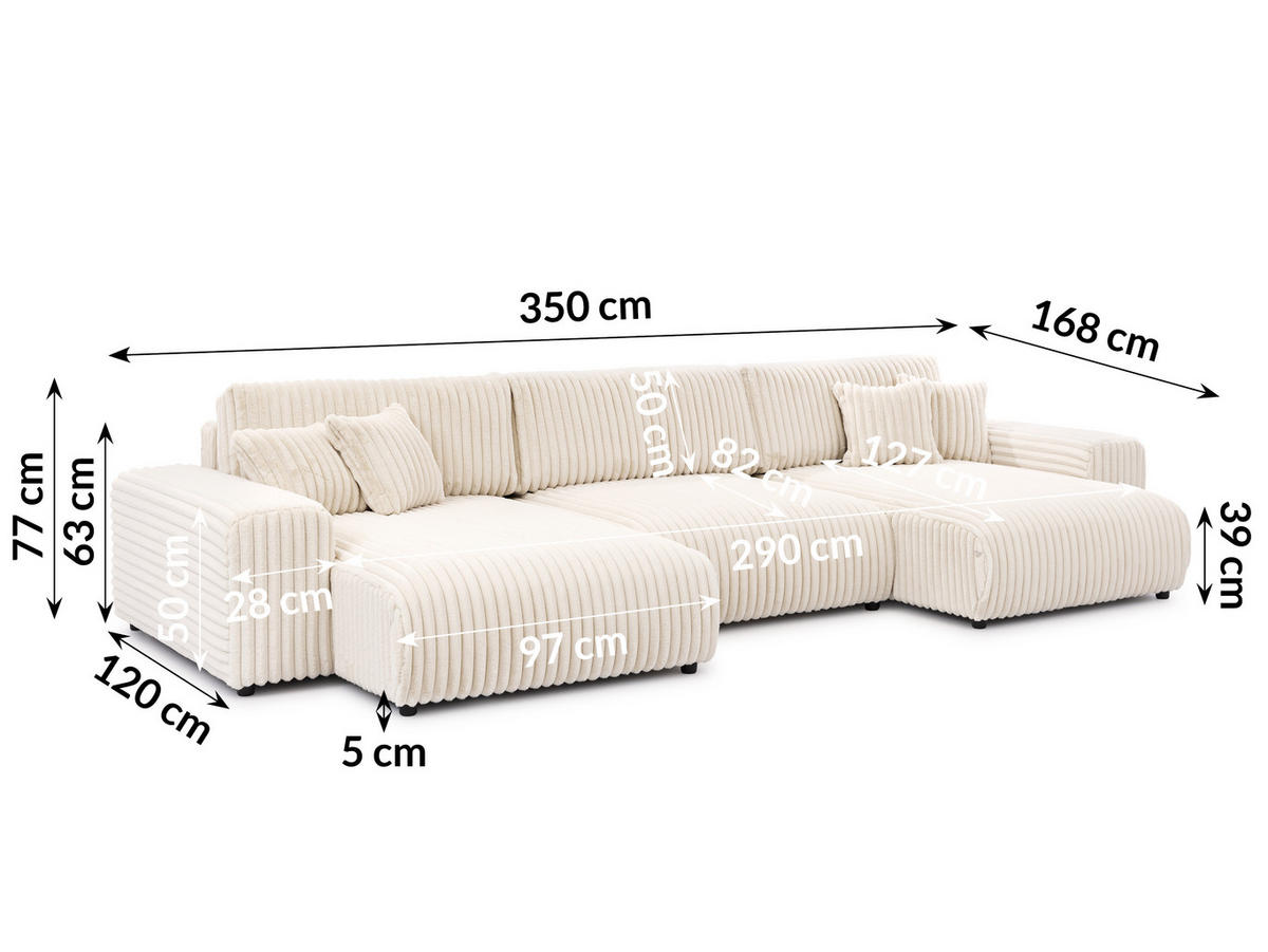 WOHNLANDSCHAFT Mollis Hellbeige Plüschcord mit Schlaffunktion - Beige/Schwarz, Holz/Kunststoff (350/77/168cm) - S-Style Möbel