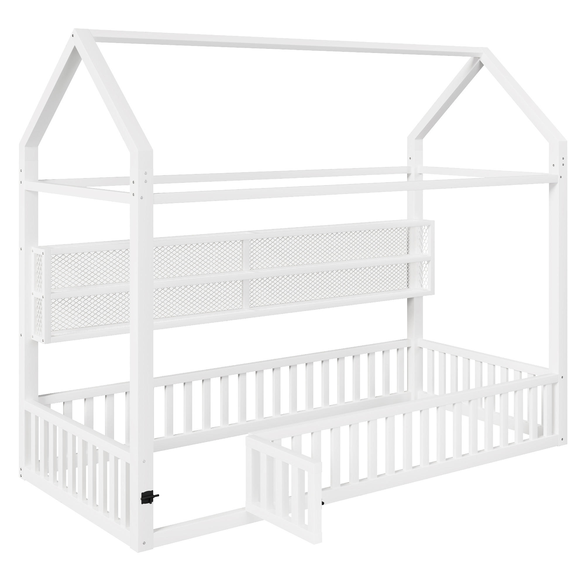 HAUSBETT 90/200 cm weiß aus Metall mit LED-Beleuchtung und Sicherheitszaun - Weiß, Metall (90/200cm) - OKWISH