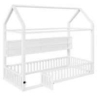 HAUSBETT 90/200 cm weiß aus Metall mit LED-Beleuchtung und Sicherheitszaun - Weiß, Metall (90/200cm) - OKWISH