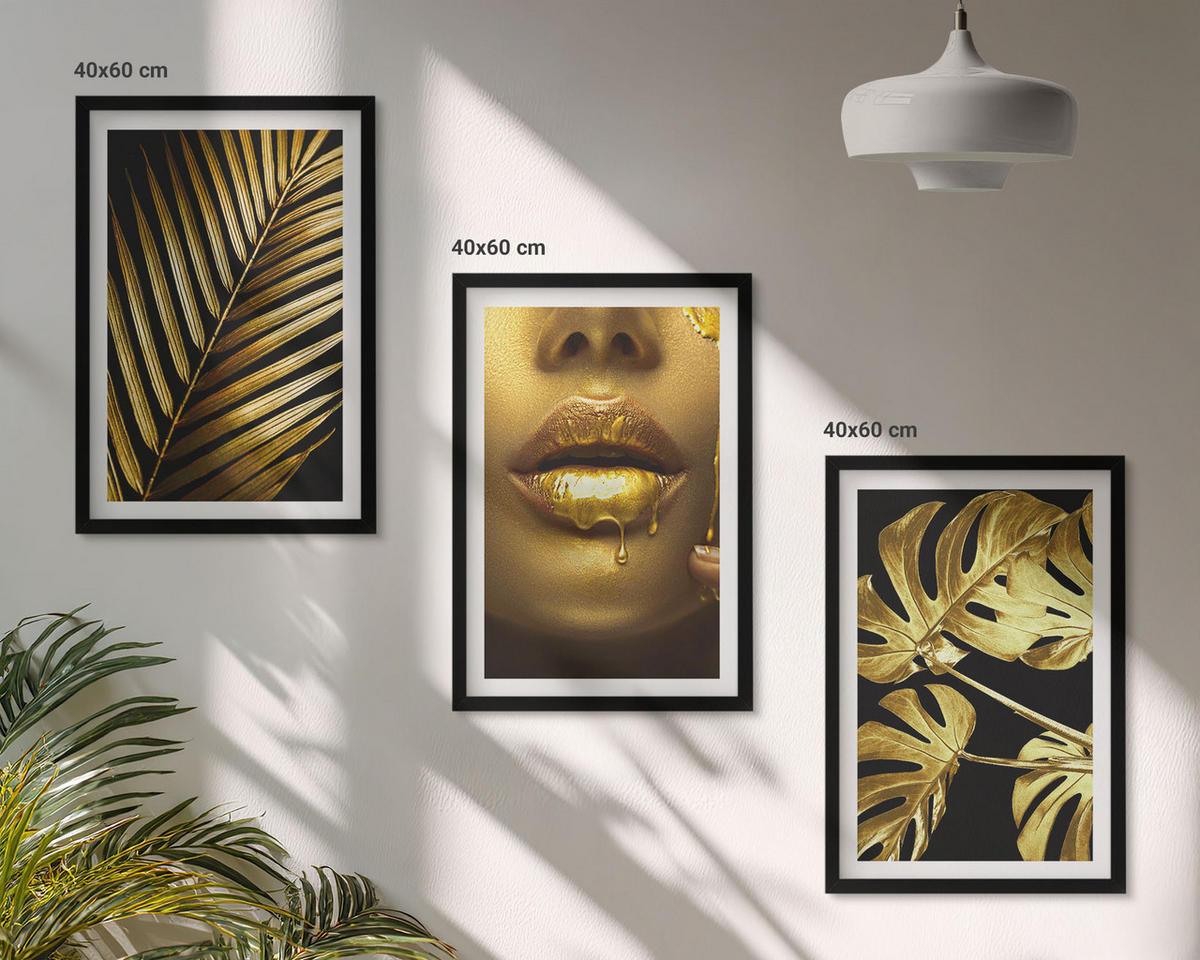 WANDBILDER 3er-Set - 40x60 cm Schwarzer Rahmen - Mund einer Frau mit Monstera-Palme - Schwarz, Kunststoff (40/60cm) - ArtPrintCave
