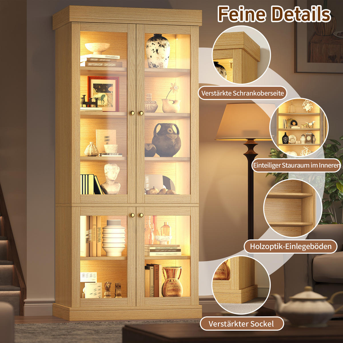 VITRINE LED Glasfront Naturbraun - Naturfarben, Glas (80/180/40cm) - FLIEKS