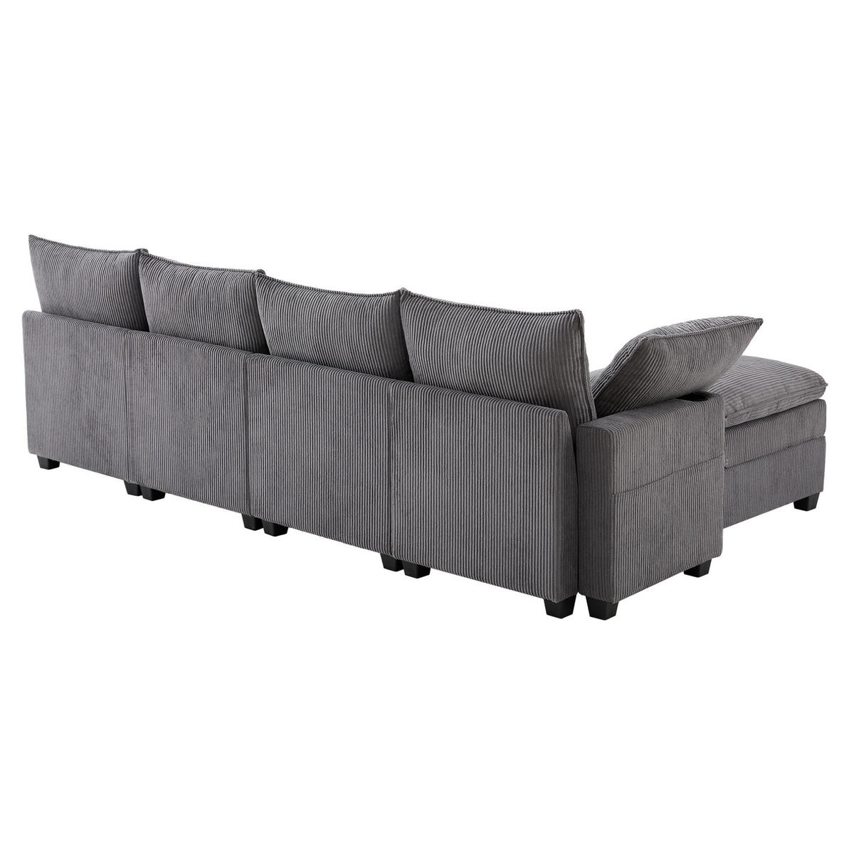 MODULÁRNÍ rohová pohovka 280/151/82 cm s USB, úložným prostorem a 2 taburety, manšestr, Šedá - šedá, textil/plast (82/280/151cm) - Redom