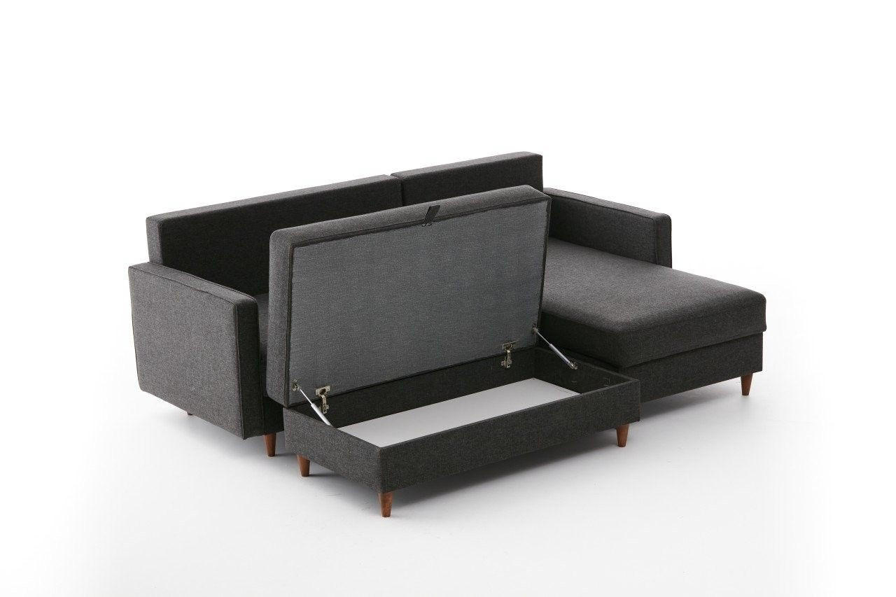 ECKSOFA mit Hocker, Schlaffläche - Anthrazit/Walnussfarben, Holz/Kunststoff (155/210cm) - myHomelando