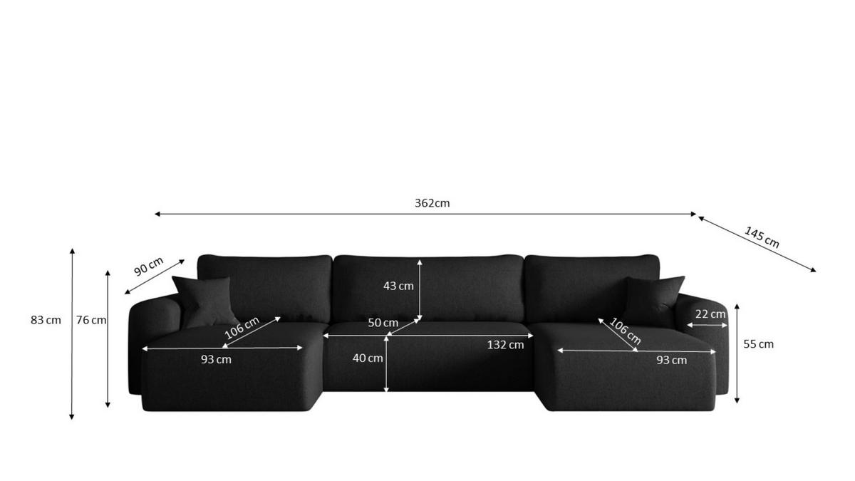 ECKSOFA Mit Schlaffunktion Und Bettkasten U-form CAPRI Verita Schwarz - Schwarz, Holz/Textil (145/362cm) - Kaiser Möbel