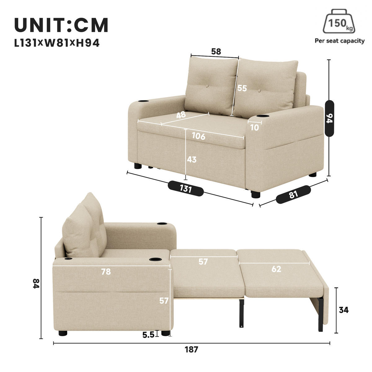 SCHLAFSOFA 3-in-1 Cotton-Linen mit USB-Anschluss und Getränkehaltern Beige 131/81/94 cm - Beige, Textil (81/94/131cm) - Redom