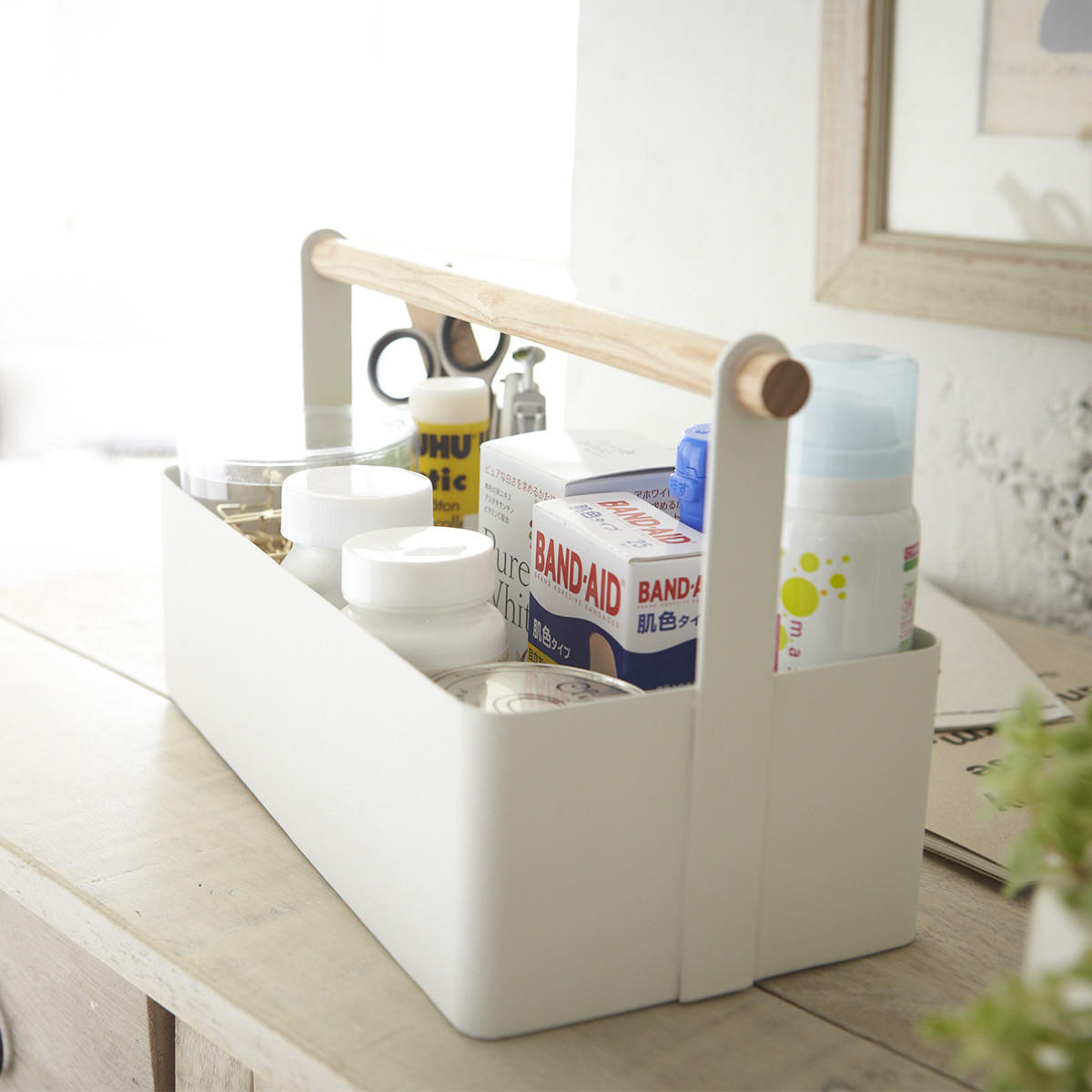 AUFBEWAHRUNGSKORB aus weißem Metall mit Holzgriff - L29 cm - Weiß, Metall (13/16/29cm) - Yamazaki