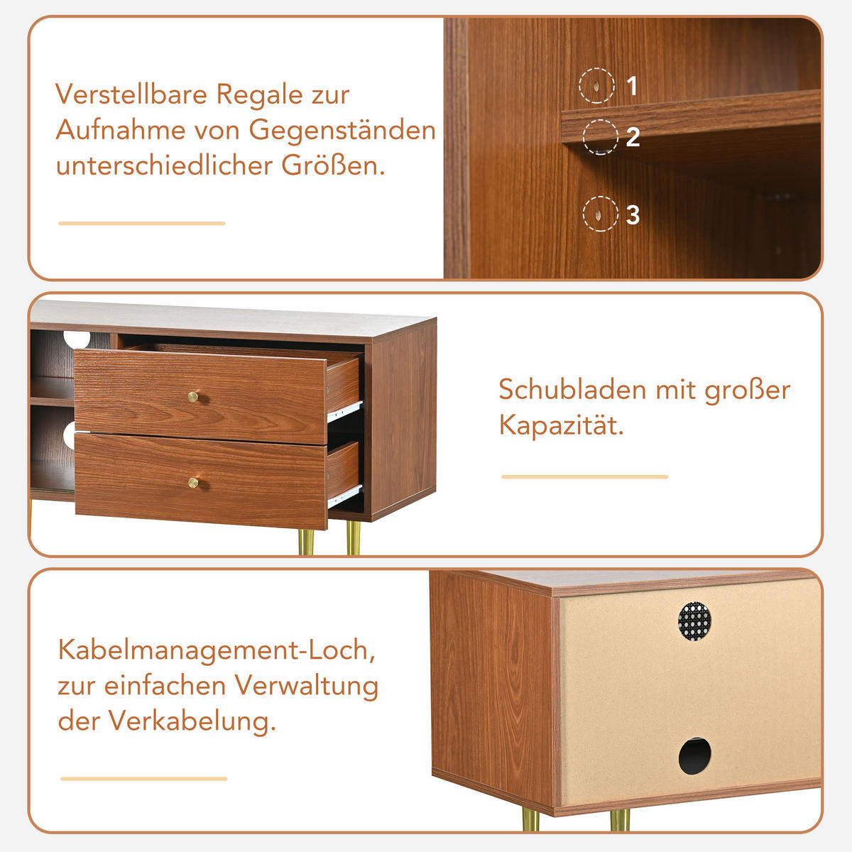 TV-SCHRANK 160/40/60 cm Walnussholzfarbe mit 2 Schubladen und 2 Rattan-Schiebetüren - Nussbaumfarben, Holzwerkstoff/Metall (160/60/40cm) - Oxeza