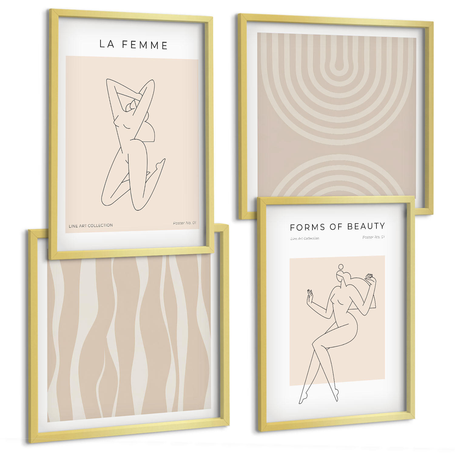 BILDER SET 4er Set - 50x50 cm & 40x60 cm Goldrahmen - Eine Sammlung minimalistischer Formen - Goldfarben, Kunststoff (50/50cm) - TULUP