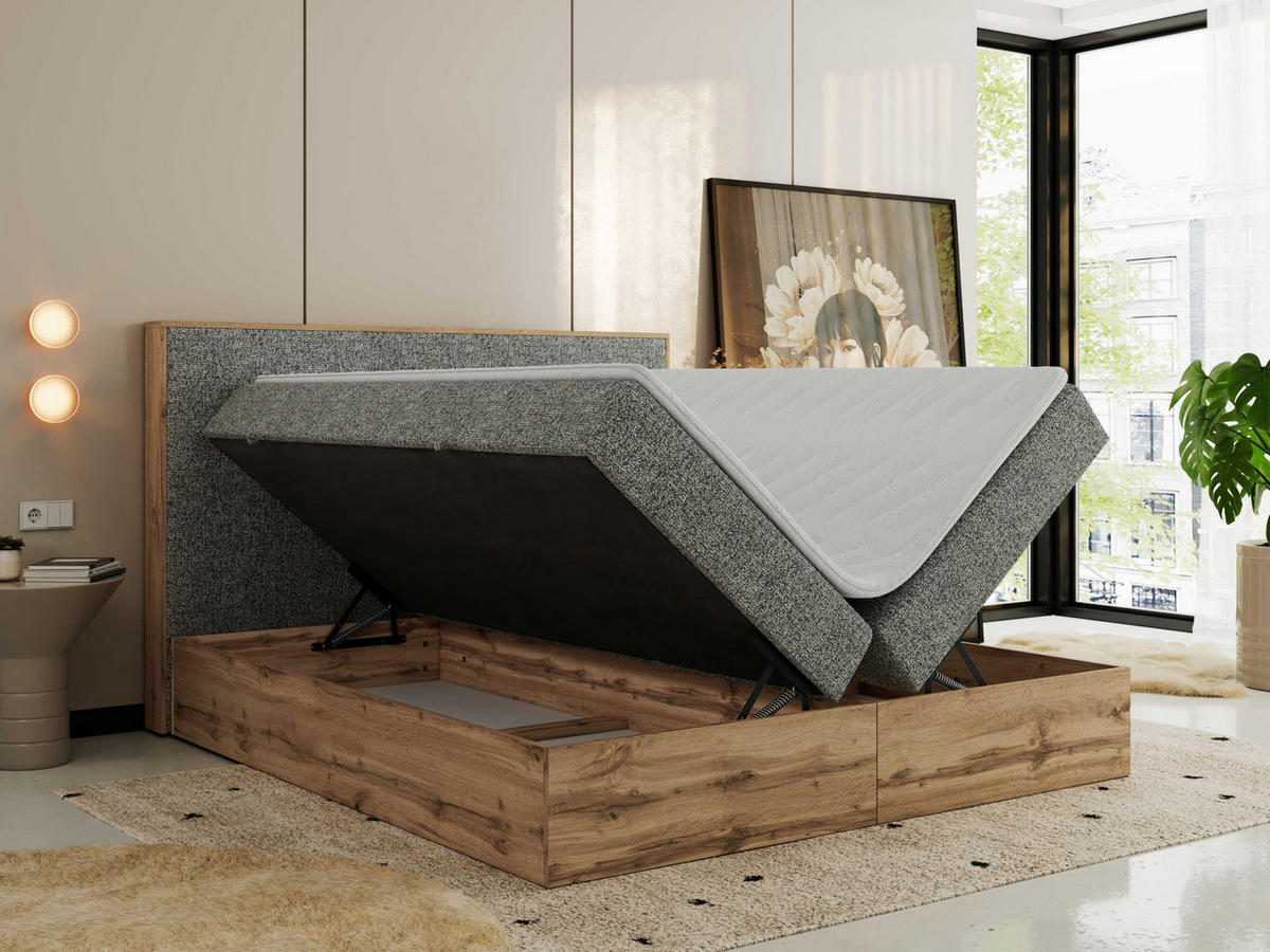 BOXBETT WOOD CLASSIC 140/200 - Grau Strukture - H4 - Grau, Textil (140/200cm) - MKS