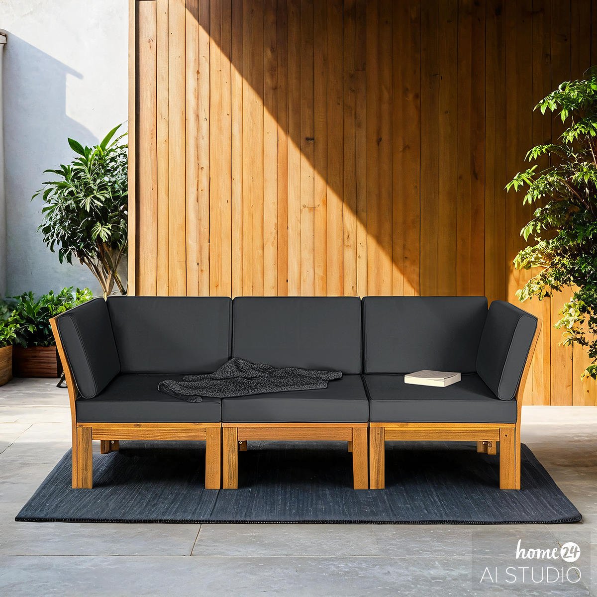 LOUNGESOFA - Webstoff / Akazie massiv - 3-teilig - Anthrazit, Holz/Textil - home24