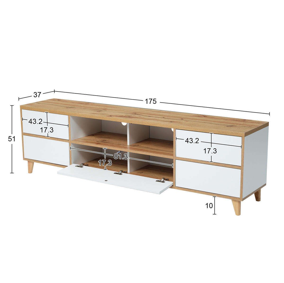 LOWBOARD 175/37/51 cm in Weiß und Holzfarben mit 4 Türen - Naturfarben, Holzwerkstoff (175/51/37cm) - Flora Grace
