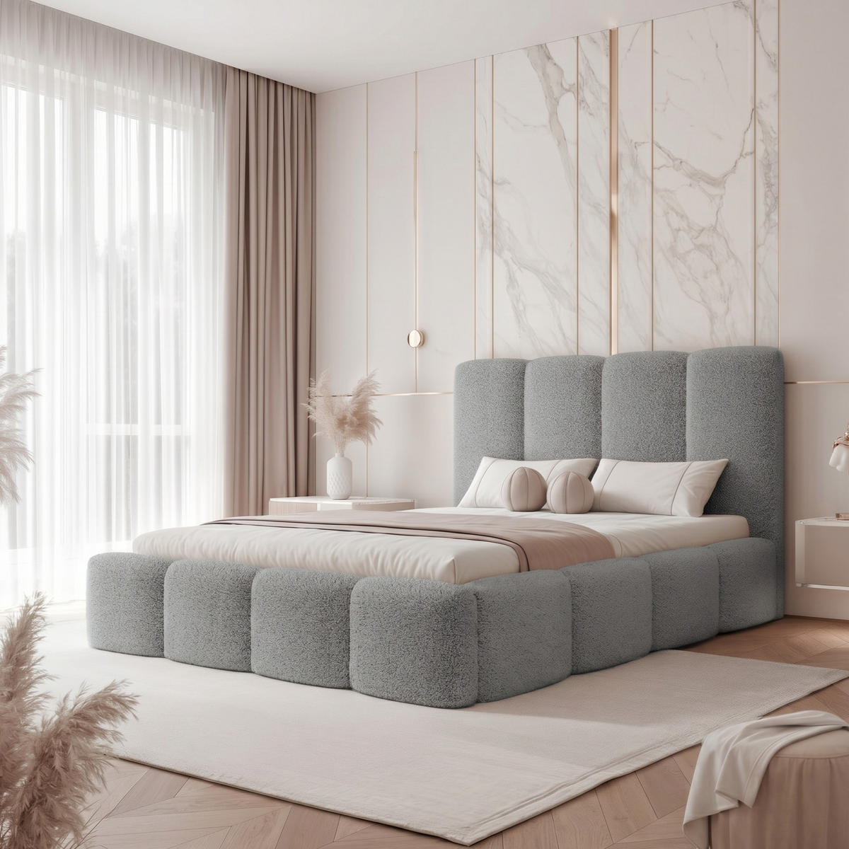 POLSTERBETT LANDARE 200x200 cm Hellgrau Bouclé (Stoff Coral) - mit Bettkasten und Lattenrost - Grau, Holzwerkstoff/Textil (200/200cm) - Ravio