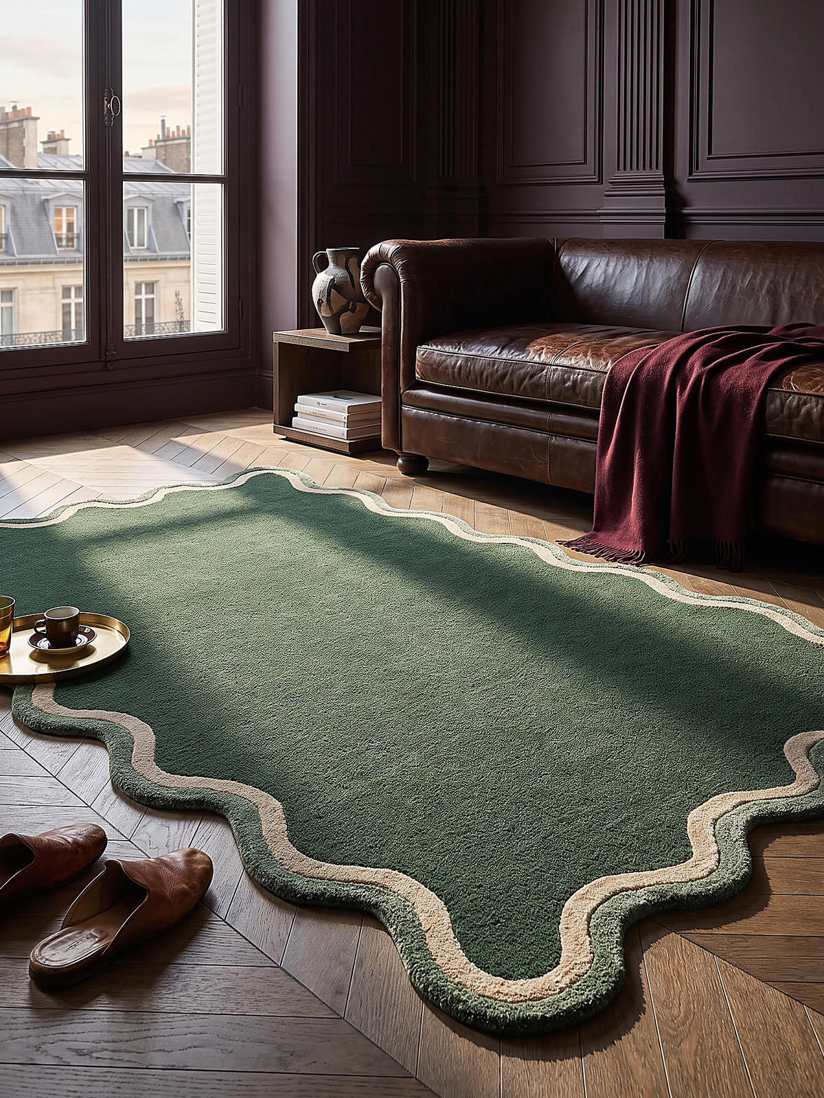 TEPPICH aus Wolle, handgetuftet, ALHAM, in Waldgrün, Wellenbordüre, 120 x 170 cm - Grün, Textil (120/170cm) - KADIMA DESIGN