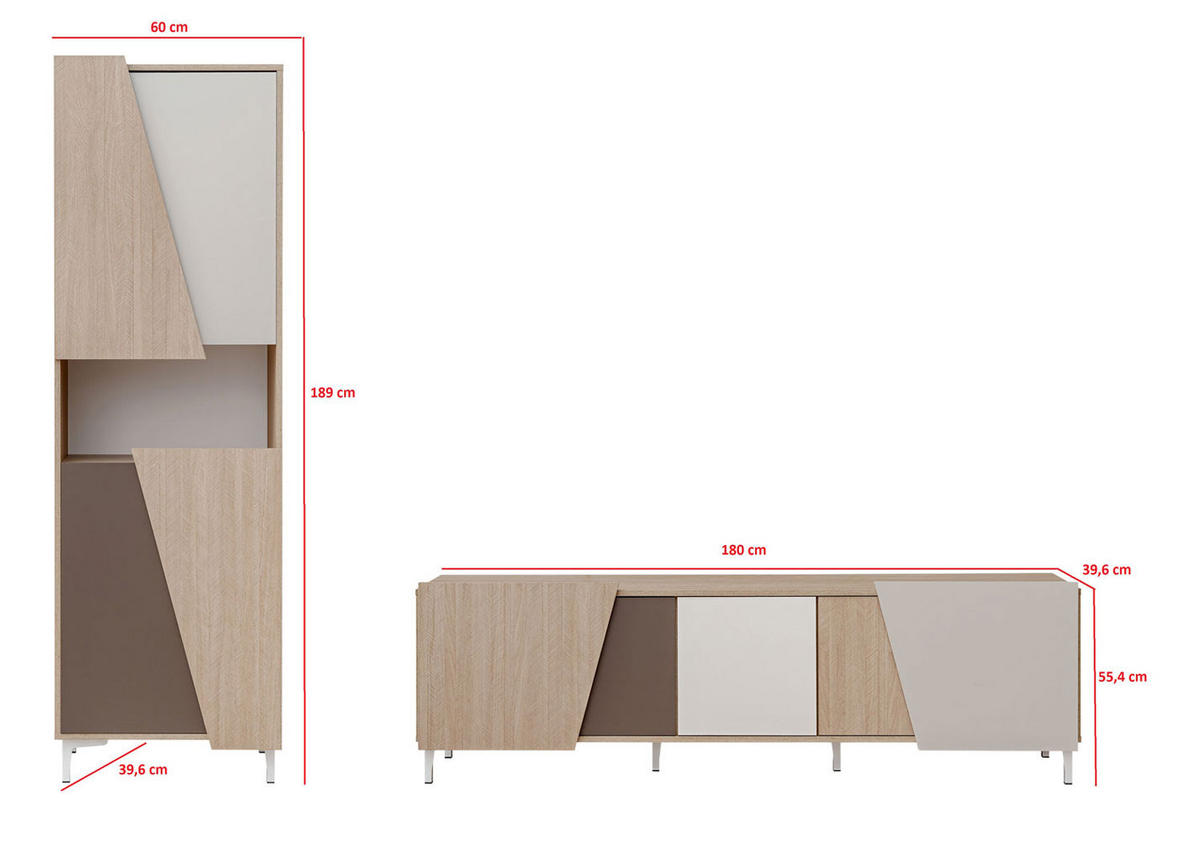 WOHNZIMMER SET Viste braun / weiß hochglanz 240cm / 40 cm / 189cm - Ecru/Weiß Hochglanz, Holz/Holzwerkstoff (240/189/40cm) - Furnival