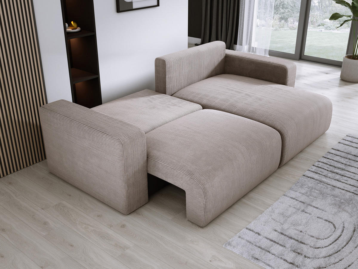 ECKSOFA Carl L-förmig Schlaffunktion und Bettkasten weicher Cordstoff flexibel stellbar lose Rückenkissen freistehend RECHTS 247x143x83cm Cappuccino - Cappuccino, Holz/Textil (247/143cm) - DomoHome