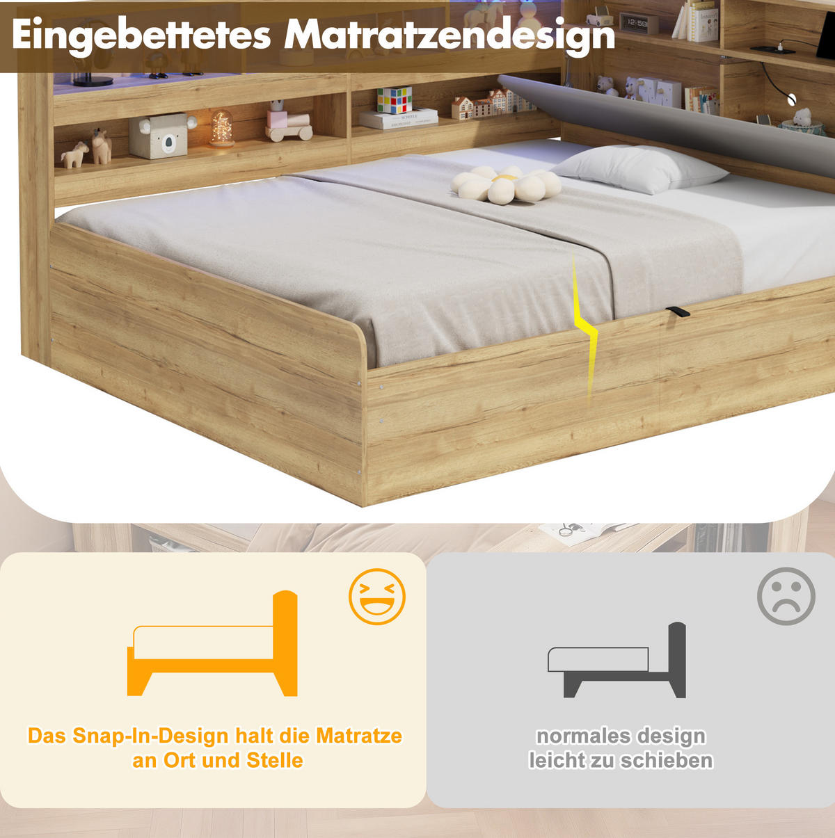 KINDERBETT 140/200 cm aus MDF mit hydraulischem Stauraum, LED-Beleuchtung und USB-Ladestation, Natur - Naturfarben, Holzwerkstoff (140/200cm) - Redom