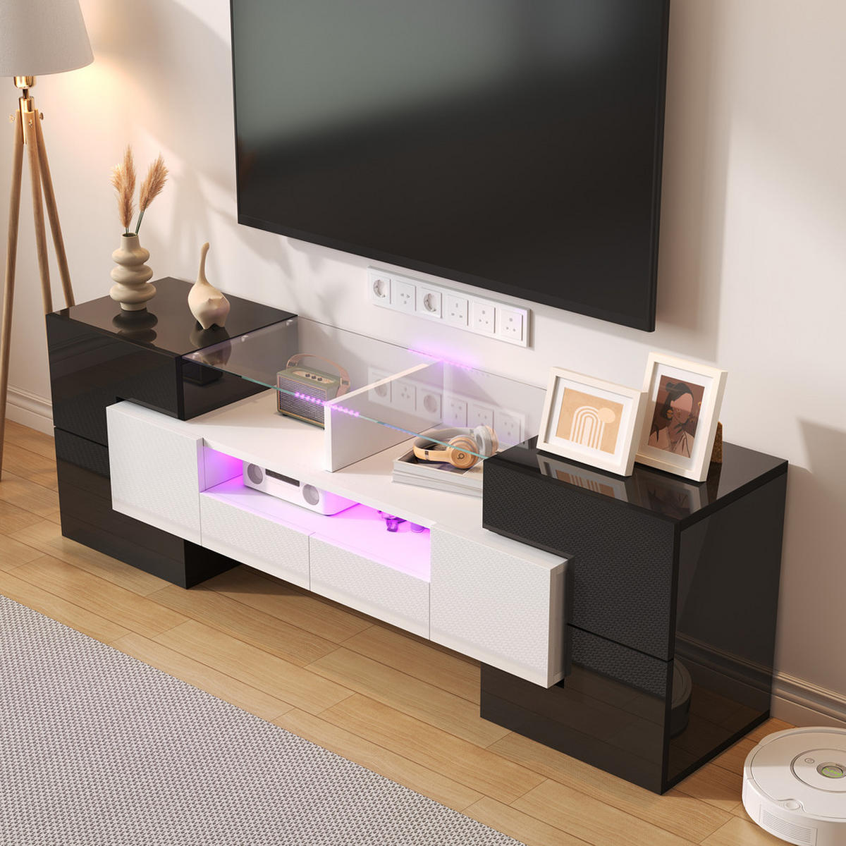 TV-SCHRANK Lowboard Hochglanz Weiß 145cm LED-Beleuchtung Modern - Weiß, Holz (38/35/53.59cm) - FLIEKS