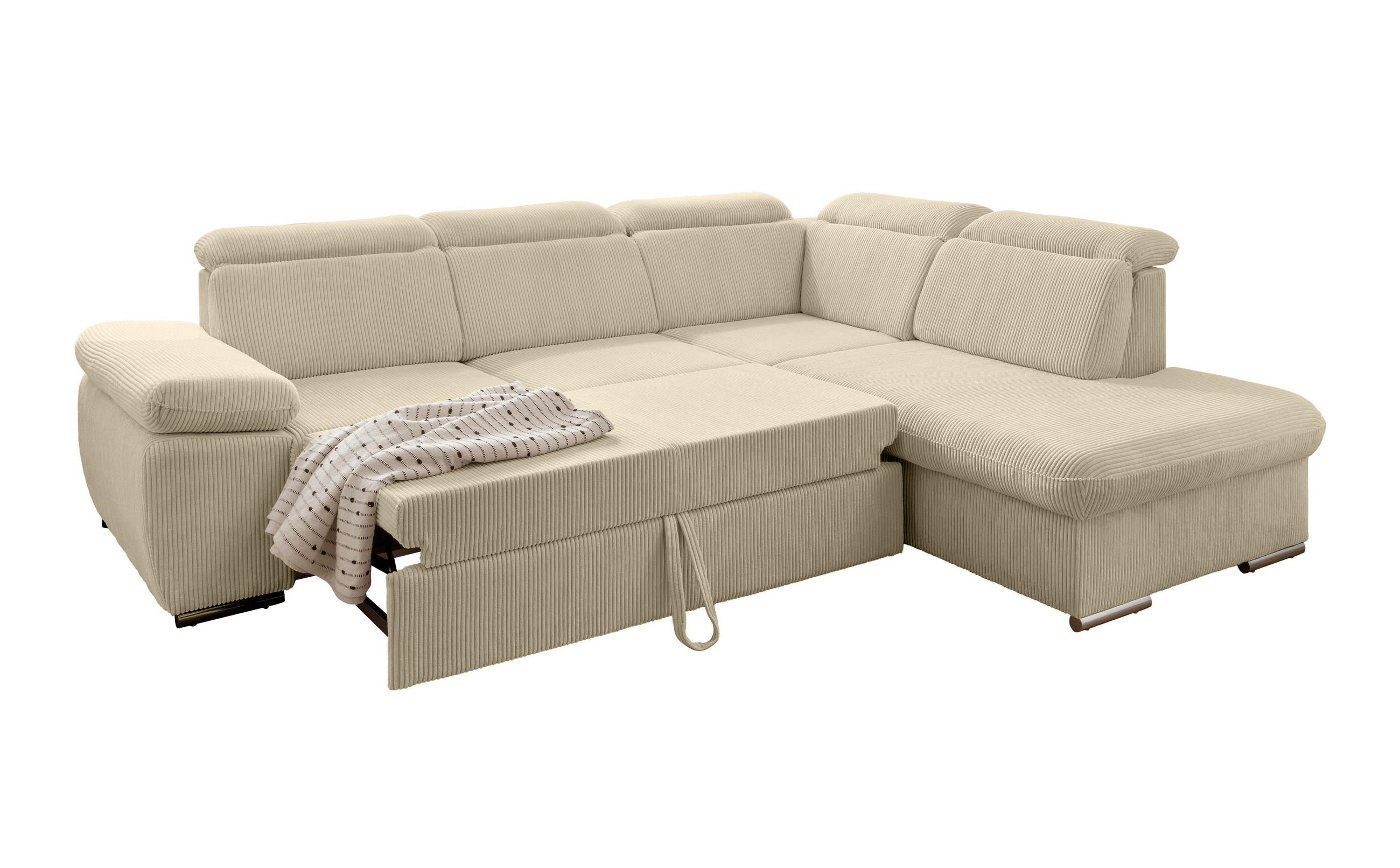 ECKSOFA mit Schlaffunktion, Bettkasten, Kopfstützen verstellbar, Wellenunterfederung, Ottomane rechts B283/T228/H102 cm, Cord Beige Grau / 17216 - Chromfarben/Greige, Textil/Metall (283/228cm) - luma-home