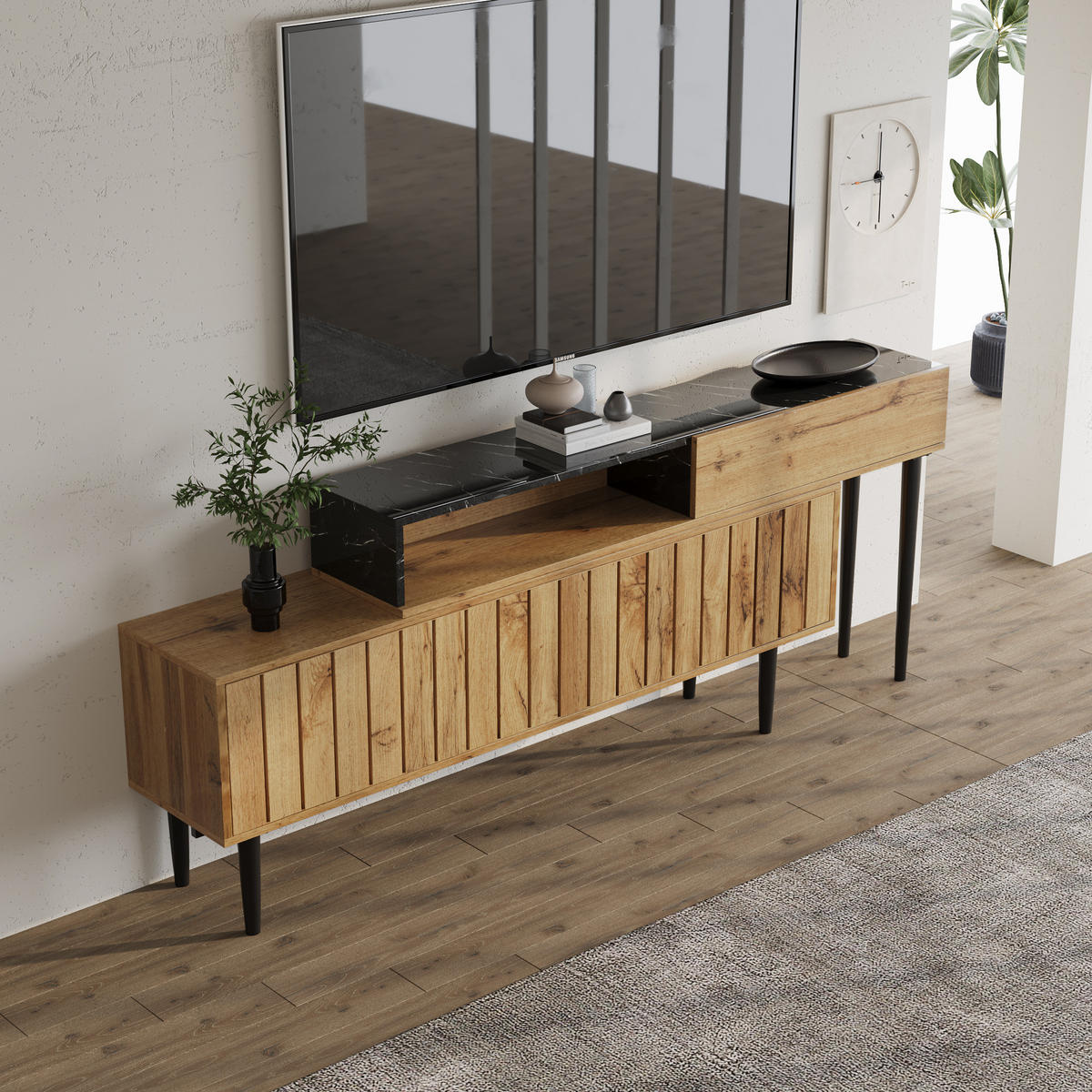 TV-BOARD aus MDF und Spanplatte 240x22x58 cm Naturholz in Marmor- und Holzoptik mit viel Stauraum und PVC-Kante - Naturfarben, Holzwerkstoff (240/58/22cm) - Modfu