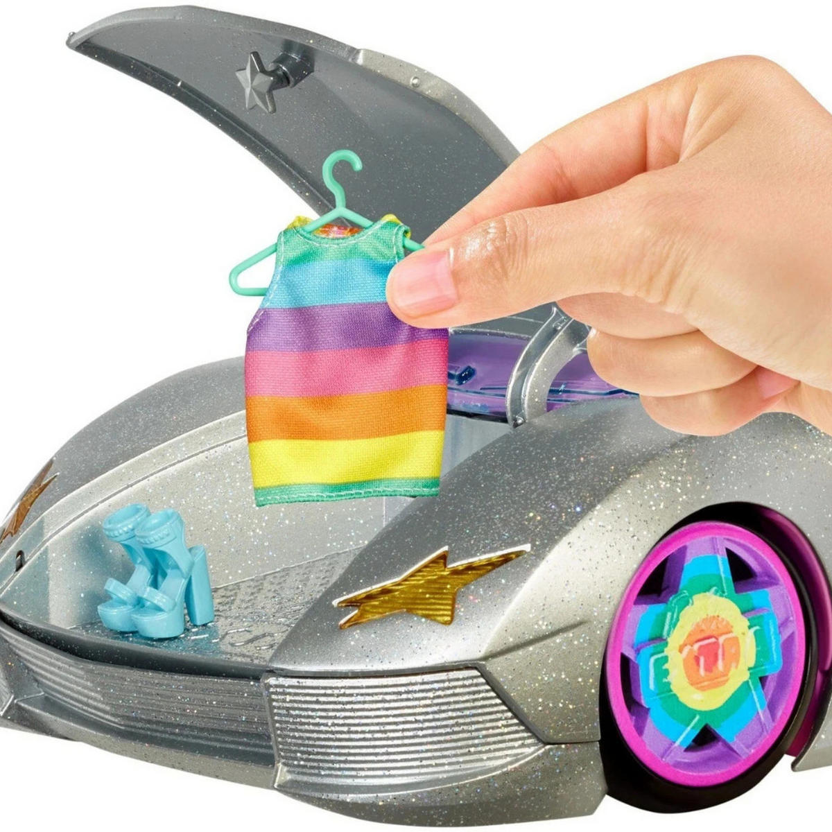 SPIELAUTO HDJ47 Cabrio Silber Barbie Fahrzeugset, Spielzeugauto, Barbie Auto, Cabrio Spielzeug, Kinder Fahrzeug, Rollenspiel, Glamour Auto - Pink/Silberfarben, Kunststoff (35/22/15cm) - Barbie