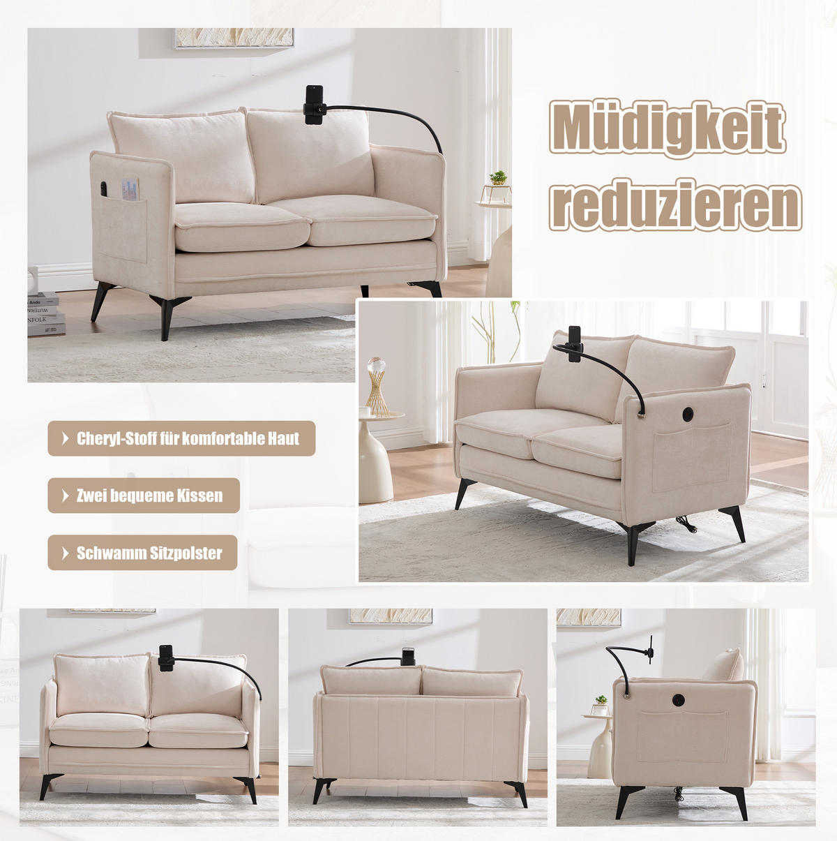2-SITZER Sofa Chenille mit Handyhalter und Seitentaschen 127/69/66 cm Beige - Beige, Textil (66/127/69cm) - Redom