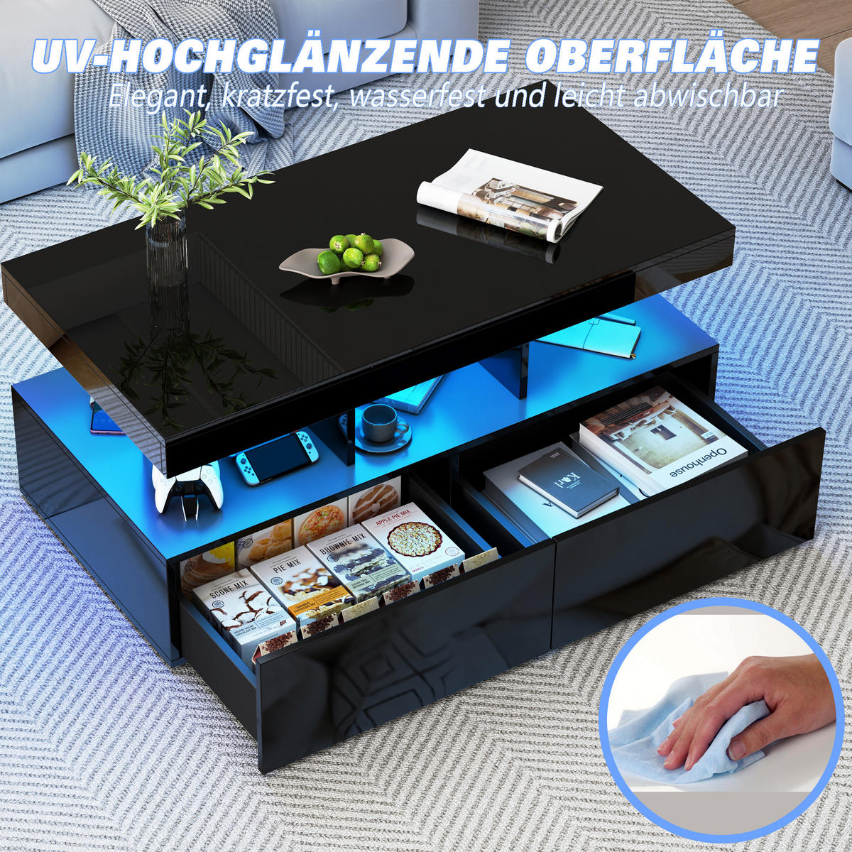COUCHTISCH mit LED Stauraum Schublade 104x53x46 cm - Schwarz, Holzwerkstoff (104/53/46cm) - SHOPENTRA