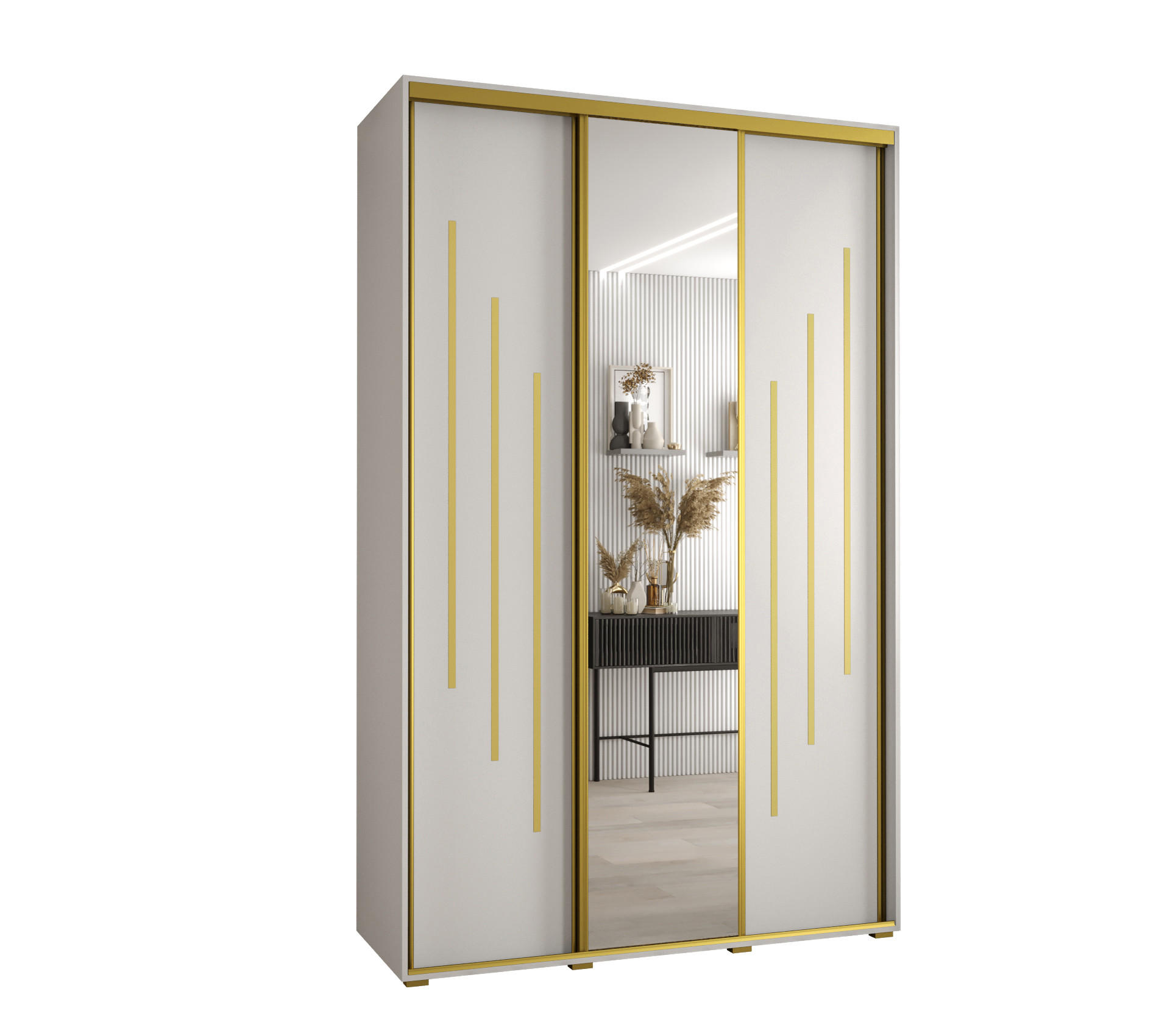 Abiks Möbel SCHWEBETÜRENSCHRANK Weiß, Weiß, Gold 150cm × 45cm × 235cm