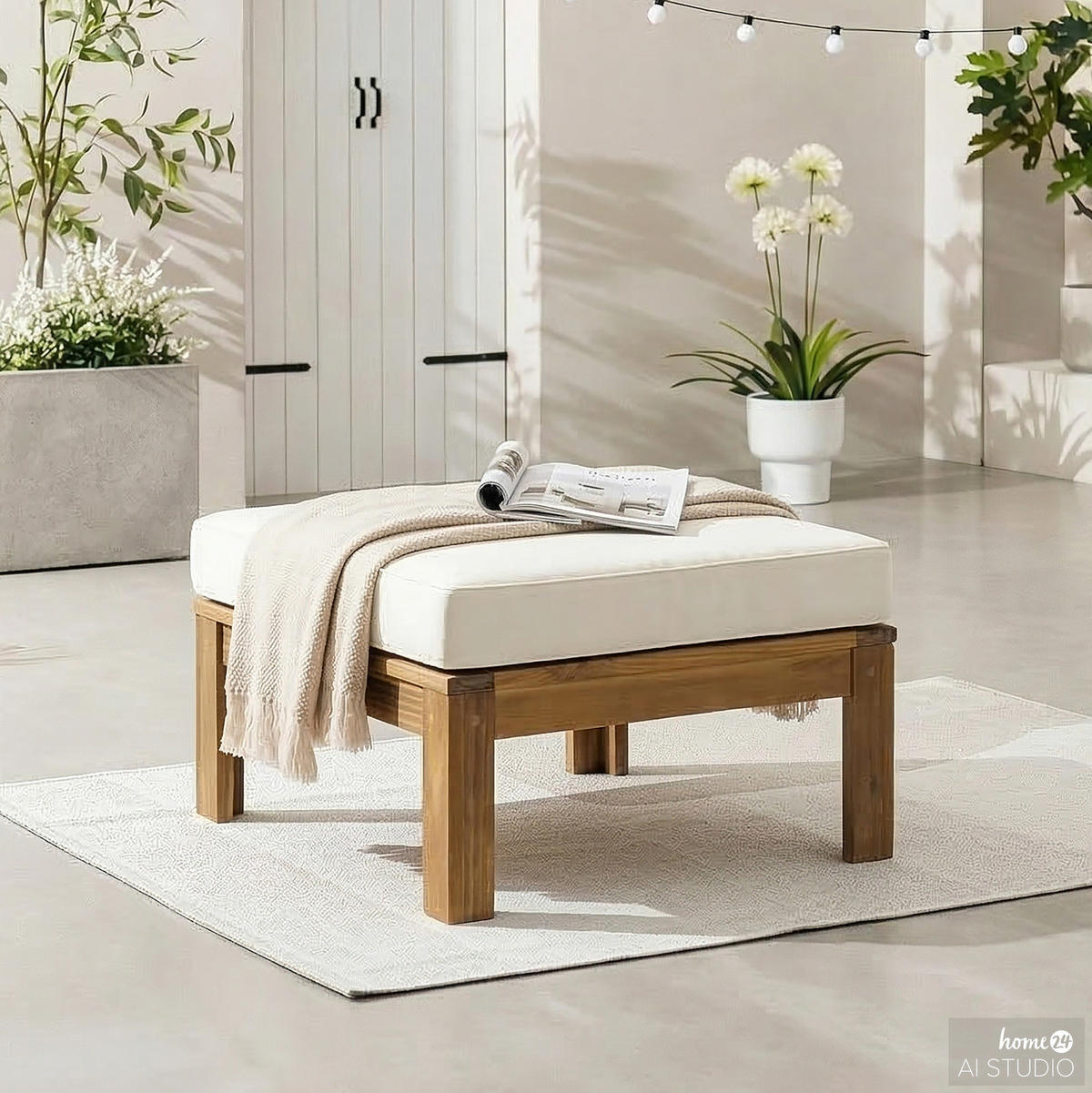 LOUNGEHOCKER - Webstoff / Akazie massiv - Weiß, Holz/Textil (60/38/60cm) - home24