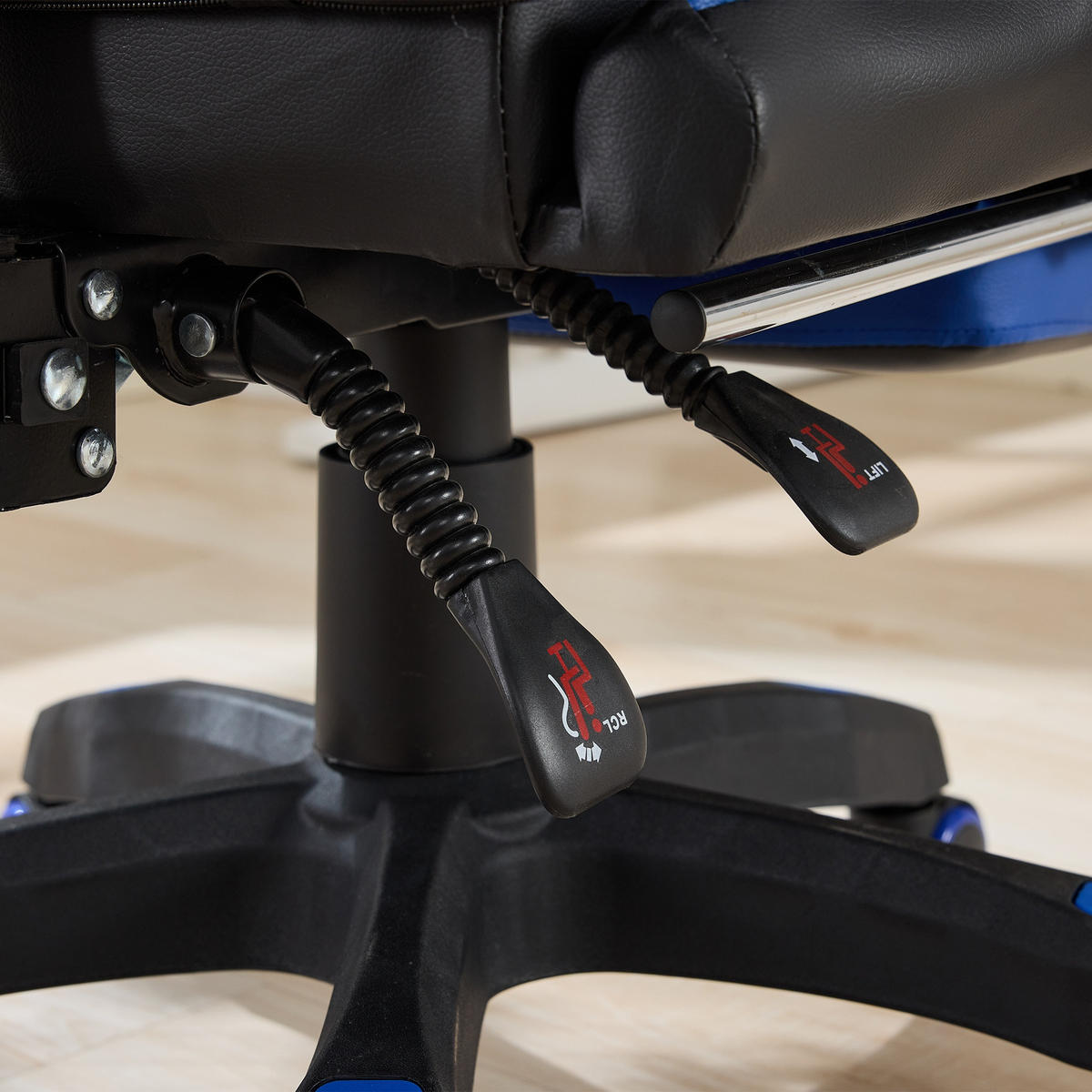 STUHL B64 / T58 / H116.5-126 cm,, Rennsport-Design, 360° drehbar und höhenverstellbar, Schwarz und Blau - Blau, Kunststoff (58/116.5/64.5cm) - Redom