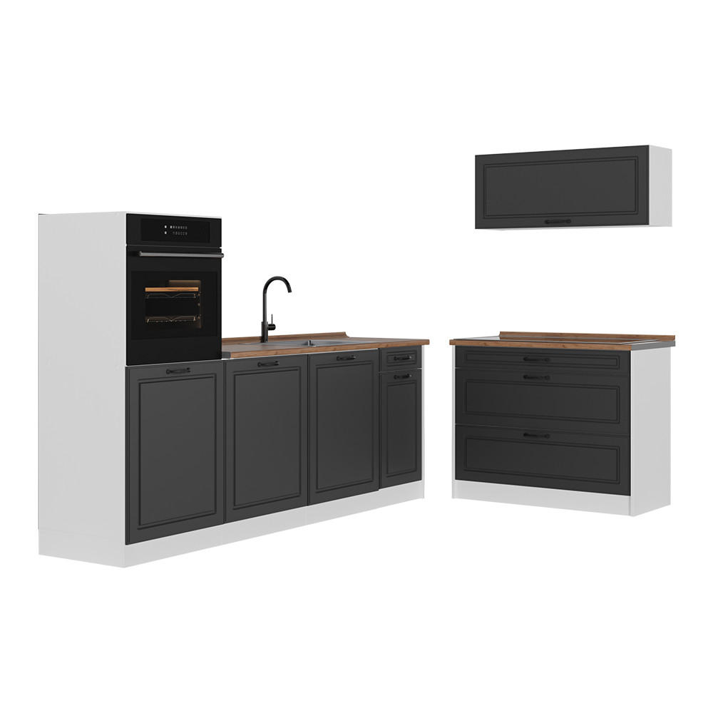 KÜCHENZEILE R-Line, Anthrazit Landhaus/Weiß, 220 cm ohne Arbeitsplatte - Anthrazit/Weiß, Holzwerkstoff (220/143/46cm) - Vicco
