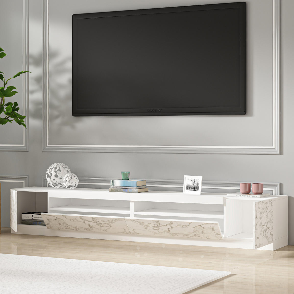 TV-LOWBOARD Weiß mit LED Beleuchtung Marmor Optik 9079 - Weiß, Holzwerkstoff (240/40/37cm) - moebel17
