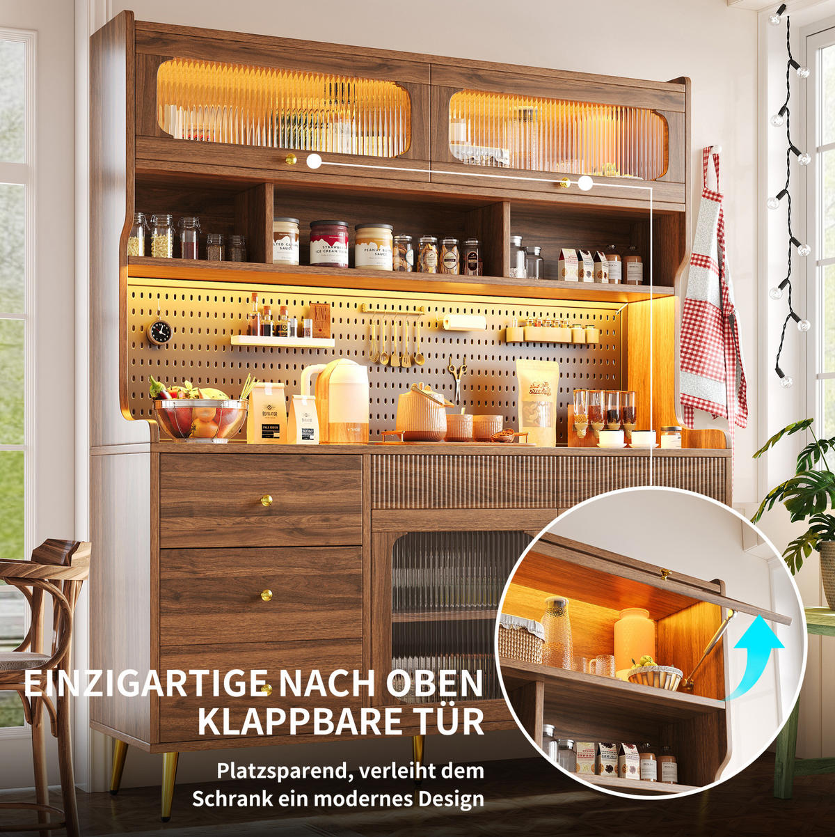 BUFFET 145/39/171 cm aus MDF und Glas mit LED-Beleuchtung Walnussfarben - Walnussfarben, Holzwerkstoff (145/171/39cm) - Modenvie