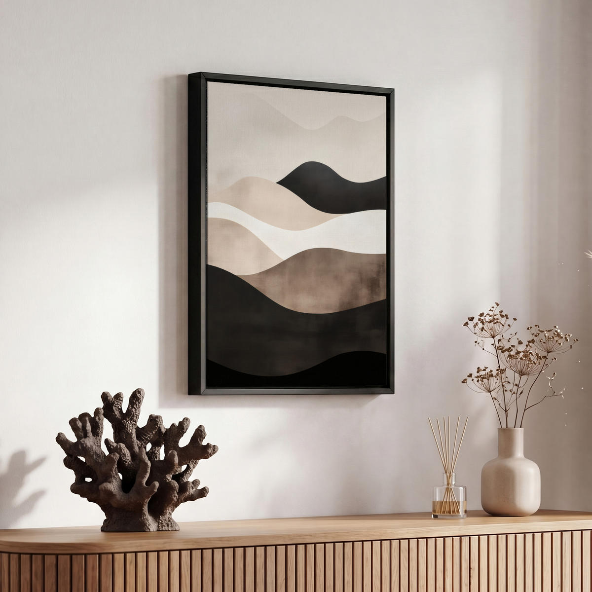 LEINWAND Bilder mit Rahmen - Abstrakt - Landschaft - Wellen - Cremefarben - 20x30 - Cappuccino, Textil (20/30cm) - MuchoWow